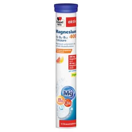 Illustration of the product packaging Doppelherz aktiv Magneziu 400 + B1 + B6 + B12 + Acid Folic Efervescent front view
